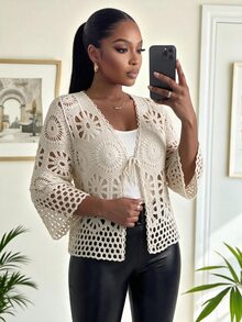 SHEIN Lady CURVE Plus Size Hollow Out Tie-Up Knit Cardigan For Beach Vacation - Apricot - View 5