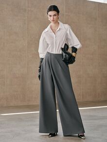 Anewsta Celana Panjang Wanita Elegan, Longgar, Ramping, dengan Potongan Lebar dan Desain Berkerut, Cocok untuk Kantor, Perjalanan, dan Santai di Rumah - Grey - View 5