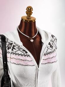 Amplova Women's Fair Isle Style Zip-Up Drawstring Hooded Knit Cardigan - White - View 5