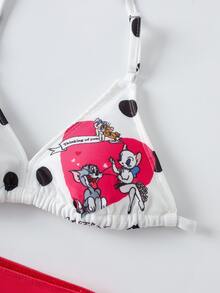 TOM & JERRY X SHEIN Tween Girl Polka Dot Closure Bikini Top And Triangle Bottom Two-Piece Swimsuit Set With Mini Skirt - Multicolor - View 4