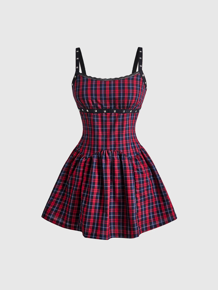 ROMWE Grunge Punk Black & Red Plaid Halter Neck Rivet Decor Low Waist Punk Women's Dress - Red and Black - View 1
