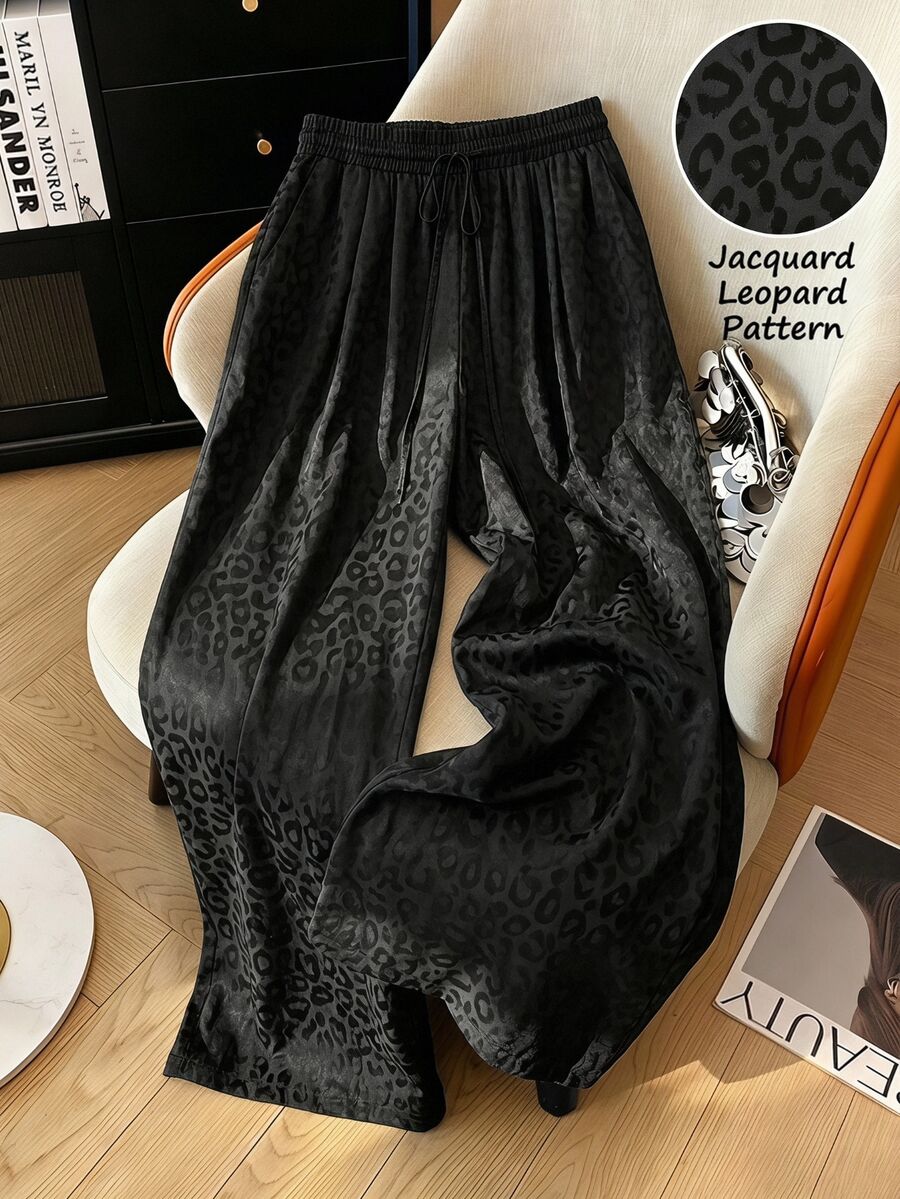Freevana 女款緞面豹紋長褲,鬆緊腰寬腿褲,優雅日常街頭派對穿搭,秋冬女裝 - 黑色 - 查看 1