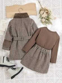 SHEIN Winter Young Girls Brown Plaid Overcoat Fur Collar Knit Ribbed Stand Collar Long Sleeve Inner Layer Wool Skirt, 3 Pieces Fall Fashion Set 7th Birthday - Brown - View 3