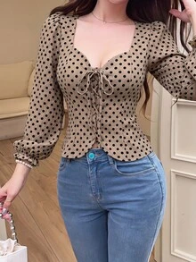 Feyla Women's Polka Dot Sweetheart Neck Front Tie Long Sleeve Blouse - Multicolor - View 7