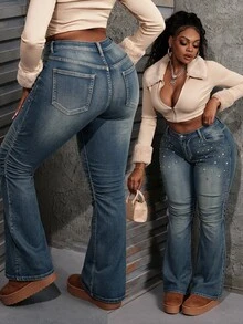 Slaydiva Plus Size Women's High Waist Flare Denim Jeans With Star And Stud Embellishment, Ripped Distressed Blue Halloween Christmas Jeans With Glitter - Medium Wash - View 8