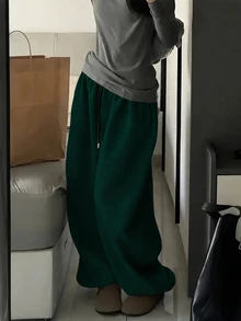 SHEIN 女款素色休閒百搭日常穿著寬腿運動長褲 - 墨綠色 - 查看 4