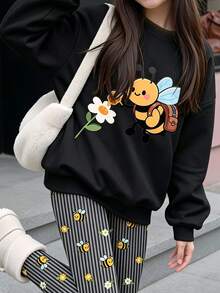 兒童青少年女孩可愛圖案花卉黑色圓領長袖衛衣與內搭褲2件套，舒適，Y2K，復古，開學季，日系可愛 - 白色 - 查看 8