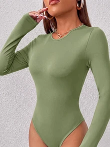 SHEIN PETITE Solid Slim Fit Spring Women Bodysuit - Army Green - View 6