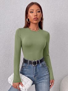 SHEIN PETITE Solid Slim Fit Spring Women Bodysuit - Army Green - View 5