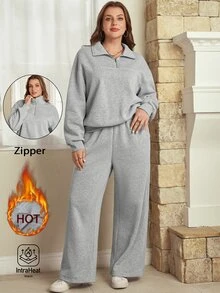 EMERY ROSE 2 st plus size damset för hösten med grå sportig casual zip-up sweatshirt och byxor med fickor, 2 delar, höst/vinter, vinterset, loungewear, varmt - Grå - Visa 2