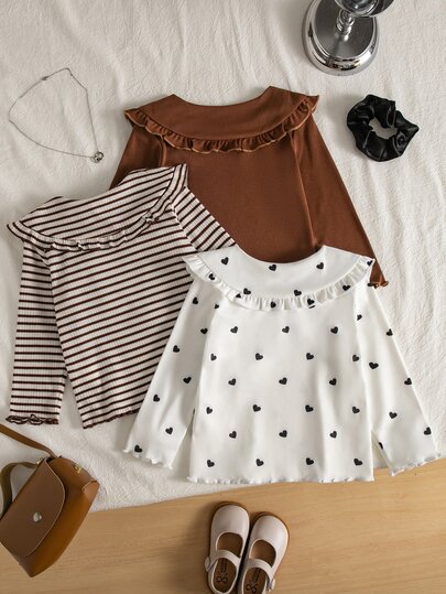 SHEIN Playful Pals 3pcs/Set Baju Dalam Bayi Perempuan Manis Lucu Kerah Peter Pan Bergaris Lengan Panjang Motif Hati Warna Kopi Kombinasi Pakaian Dalam Musim Gugur Pakaian Sehari-hari Sederhana