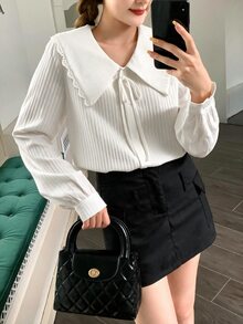 SHEIN 青少年女孩蝴蝶結彼得潘領蕾絲飾邊燈籠袖學院風休閒百搭白色襯衫，優雅學院風休閒白色襯衫，百搭襯衫 - 彩色 - 查看 3