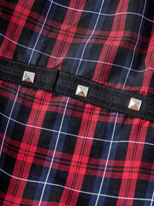 ROMWE Grunge Punk Black & Red Plaid Halter Neck Rivet Decor Low Waist Punk Women's Dress - Red and Black - View 3