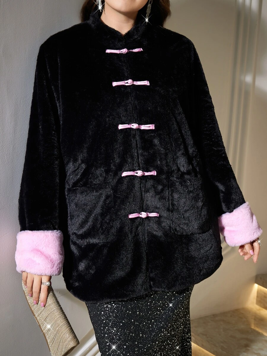 Reflora Plus Size Black Pink Contrast Color Frog Button Fur Coat, Autumn/Winter Wedding Guest Formal Evening Elegant Formal Tailored - Black - View 1