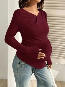 SHEIN 孕婦純色休閒日常長袖T恤 - 紫紅色 - 查看 4