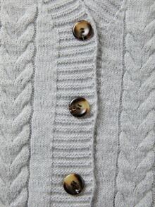 SHEIN Grey Plush Furry Collar Cable‑Knit Cropped Cardigan, Vintage Decorative Buttons Front V‑Neck Twisted - Grey - View 5