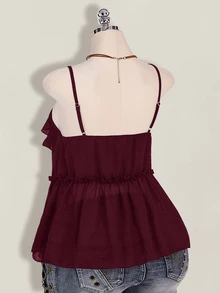 SHEIN ICON Women's Plus Size Ruffle Chiffon Solid Color Front Tie Strap Tank Top - Maroon - View 9