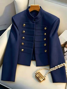 SHEIN Franclia 女款法式立領雙排扣金鈕短版西裝外套，高級通勤修身小個子外套上衣 - 藏蓝色 - 查看 1