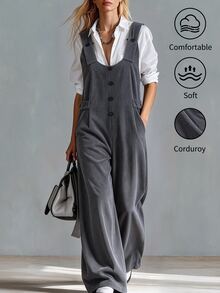 SHEIN Women's Casual Corduroy Long With Adjustable Waist, Loose Fit Jumpsuit For Autumn/Winter, Daily Commute And Outing - Grey - View 2