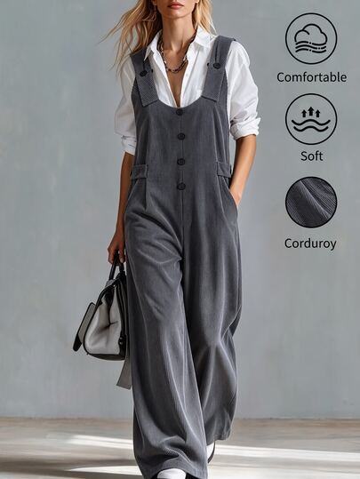 SHEIN Women's Casual Corduroy Long Pants With Adjustable Waist, Loose Fit Jumpsuit For Autumn/Winter, Daily Commute And Outing