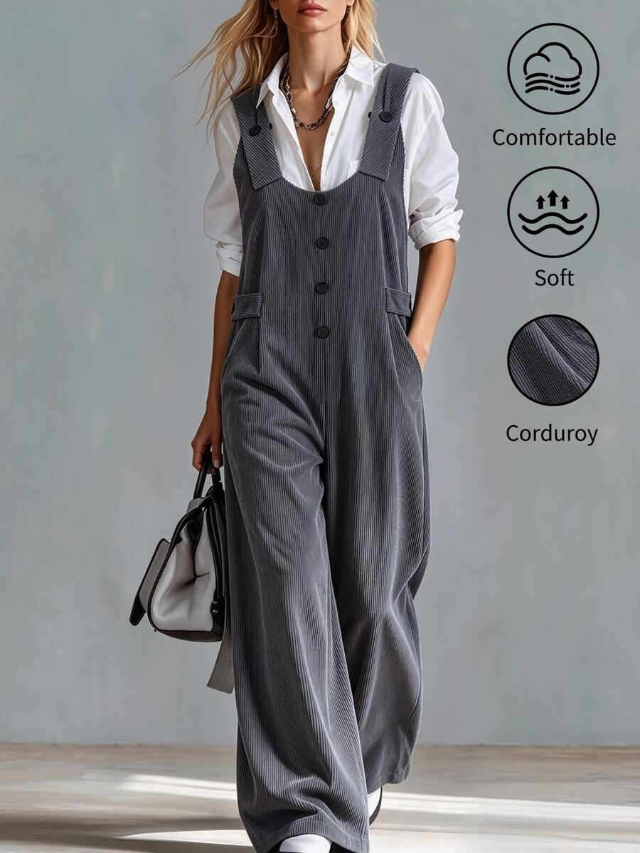 SHEIN Women's Casual Corduroy Long With Adjustable Waist, Loose Fit Jumpsuit For Autumn/Winter, Daily Commute And Outing