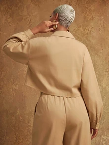 SHEIN Lunessa Cropped Shirt + Pleated Waist Trousers - Khaki - View 2