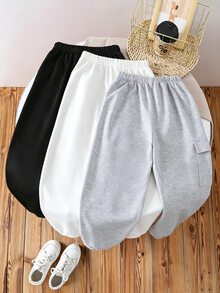 SHEIN 3件組 青少年男孩秋冬休閒百搭抓絨內裡鬆緊腰運動長褲 兒童慢跑褲 多件裝 - 彩色 - 查看 2