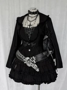 Sunspun Plus Size Autumn Long Sleeve Black Vintage Style Ruffle Trim Blazer Halloween - Black - View 7