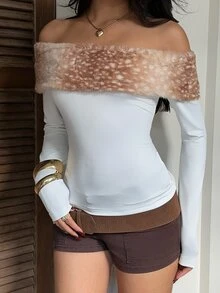 CovetEZ Women's Patchwork Animal Print Fuzzy Off-Shoulder Long Sleeve Fashion T-Shirt - Brown - View 5