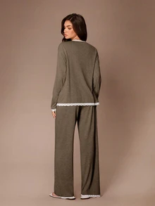 Lazeform Autumn/Winter V-Neck Cardigan Button Long Sleeve Lace Patchwork Top And Straight Leg Pants Women's Pajama Set - Brown - View 2