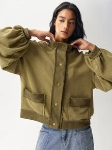 Bohemela Jaket Kasual Wanita Warna Polos Lengan Panjang Model Bahu Longgar Kancing Tunggal Potongan Reguler - Hijau - View 5