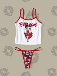 Betty Boop x SHEIN Women's Letter Print Camisole Lingerie Set - Red and White - View 5