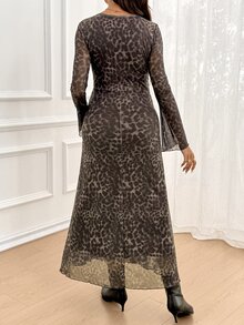 SHEIN Maternity Leopard Print Round Neck Long Sleeve Ruched Waist Elegant Dress - Brown - View 6