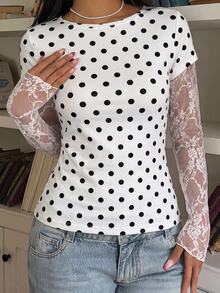 SHEIN EZwear Knitted Lace Patchwork 2-In-1 Women's Long Sleeve Top, Sheer Top - Multicolor - View 3