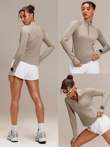 GLOWMODE Therma-FIT ADV Sweet Victory Quarter-Zip Top With Watch Pocket, Thumbholes & Reflective Back Running Training Gym Fall Active Wear - Khaki - View 9