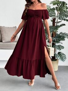 SHEIN 孕婦純色抓皺露肩短袖側開衩下擺洋裝 - 紅色 - 查看 5