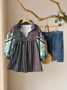 SHEIN CURVE+ 大尺碼女款條紋休閒七分袖襯衫 - 彩色 - 查看 5
