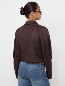 Maija Short Jacket With Fringe, Urban Style, Autumn/Winter - Brown - View 8