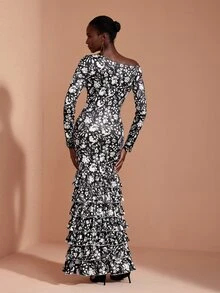 JIAN LASALA Gaun Panjang Rajut Satu Bahu Model Batwing Lengan Panjang dengan Detail Kerut dan Beberapa Lapisan, Elegan untuk Liburan. - MultiWarna - View 2
