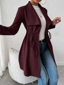 SHEIN Raffinéa Women's Solid Color Long Sleeve Casual Smart Casual Business Casual Suede Drawstring Jacket Office Burgundy Autumn/Winter - Red Violet - View 3