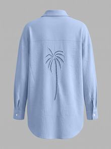 SHEIN 度假風白色椰子樹鏤空刺繡寬鬆沙灘襯衫洋裝 - 淺藍色 - 查看 4