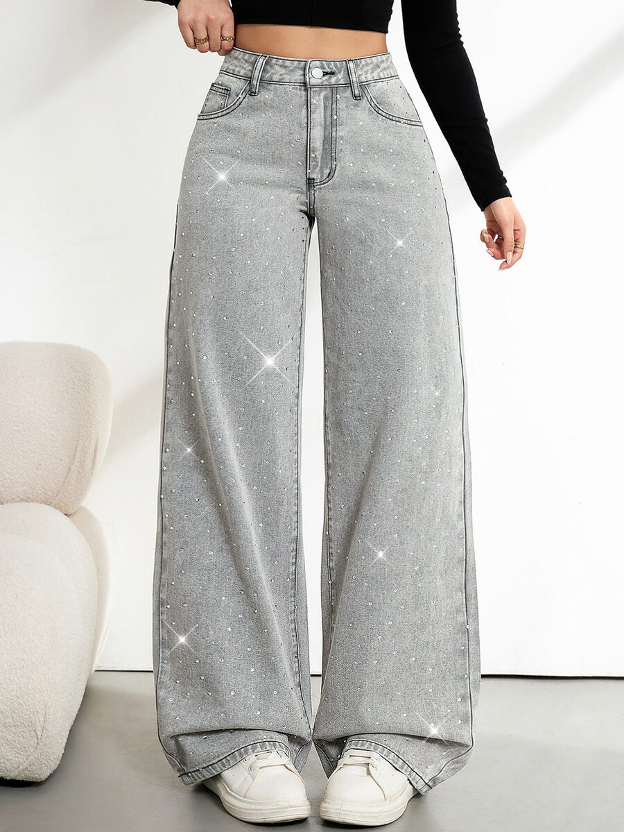 SHEIN Tall 女款水鑽裝飾口袋寬腿寬鬆休閒牛仔褲 - 灰色 - 查看 1
