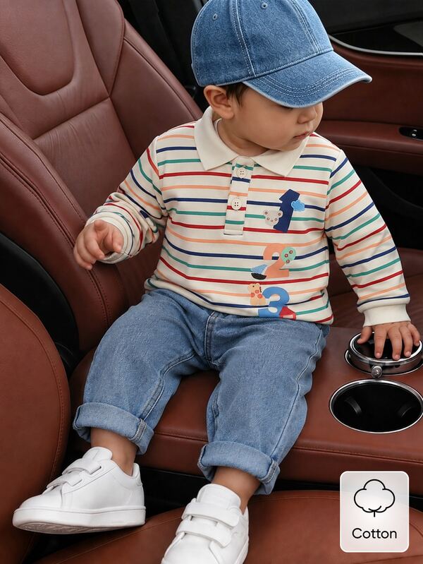 SHEIN 2pcs Baby Boy Casual Multicolor Striped Polo Shirt And Denim Jeans Set Autumn Back-To-School