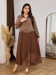 Al Najma Women's Elegant Dark Pattern Jacquard Contrast Solid Color Loose Casual Comfortable Daily Long Sleeve Arabian Dress - Coffee Brown - View 2
