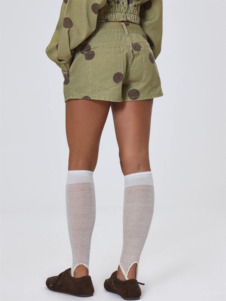 MUSERA 波點中腰牛仔短褲 秋冬酷女孩返校假期風 - 棕色 - 查看 5