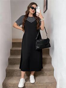 Easowa Curve Set 2 Potong Kaos Bergaris dan Gaun Cami Ukuran Plus - MultiWarna - View 5