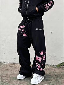 Teen Boys Plum Blossom Digital Print Straight Leg Sweatpants With Pockets Autumn Winter - Multicolor - View 1