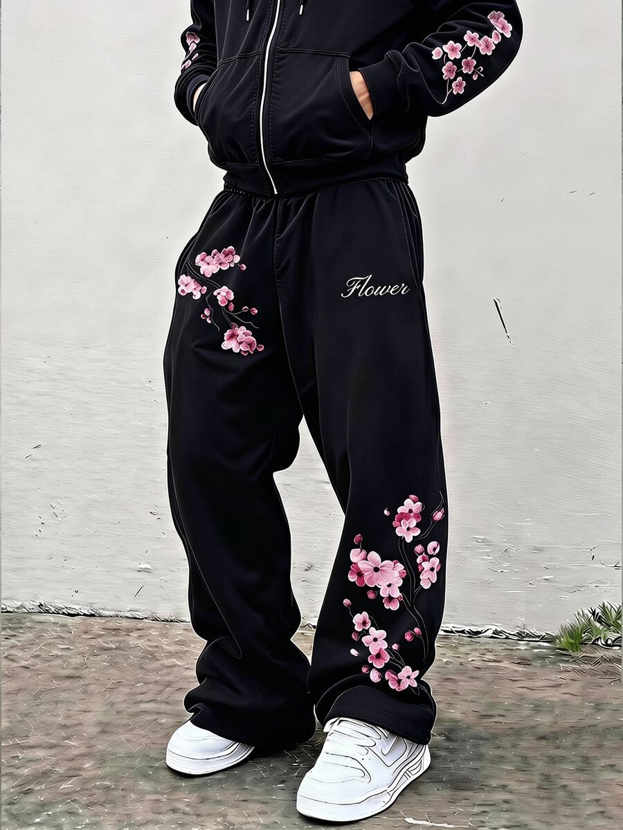 Teen Boys Plum Blossom Digital Print Straight Leg Sweatpants With Pockets Autumn Winter - Multicolor - View 1