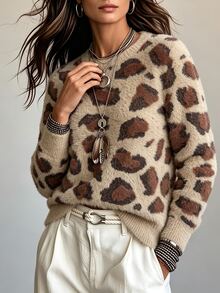 SHEIN Women's Fashion Street Leopard Print Long Sleeve Sweater - Multicolor - View 3