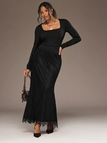 Freevana Plus Size Women's Lace Patchwork Casual Elegant Versatile Skirt Autumn Cocktail Evening Black - Black - View 7